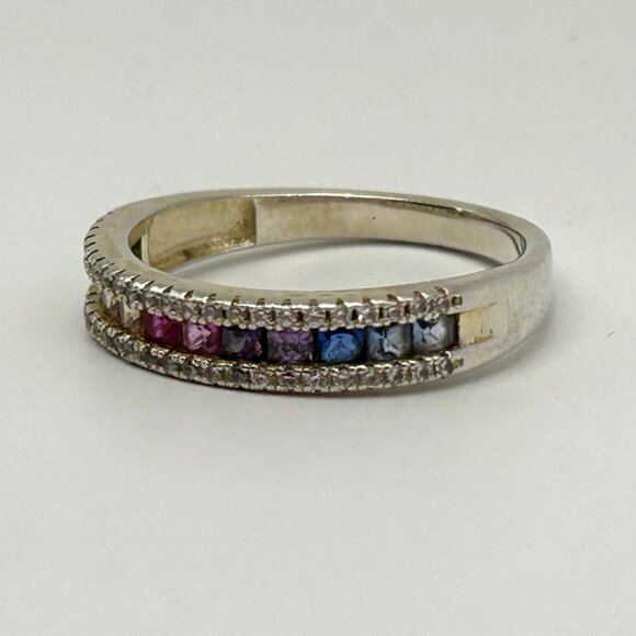 Sterling Silver Multi-Gem Eternity Band Ring Ruby Emerald Aqua Diamond Size 8.25 - Picture 8 of 9